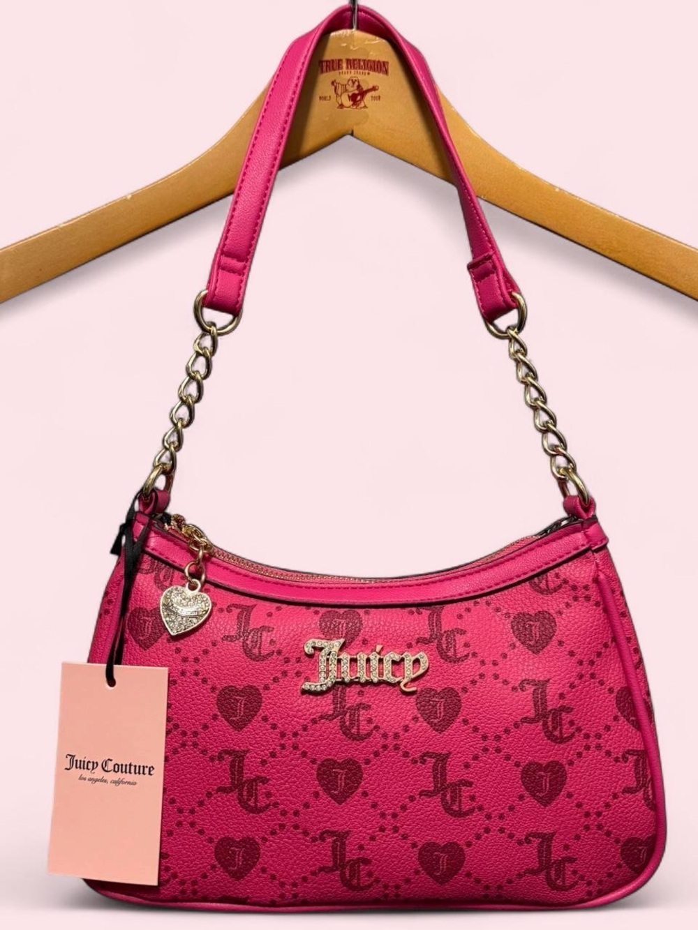 Juicy Couture Hot Pink Logo Heart Shoulder Bag with Gold Chain